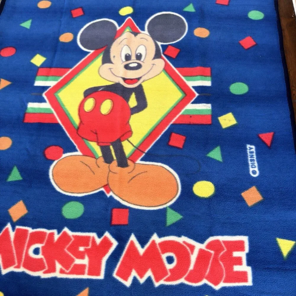 90s Disney Mickey Mouse Twin Blanket Blue Geometric Plush 78x61 Vintage